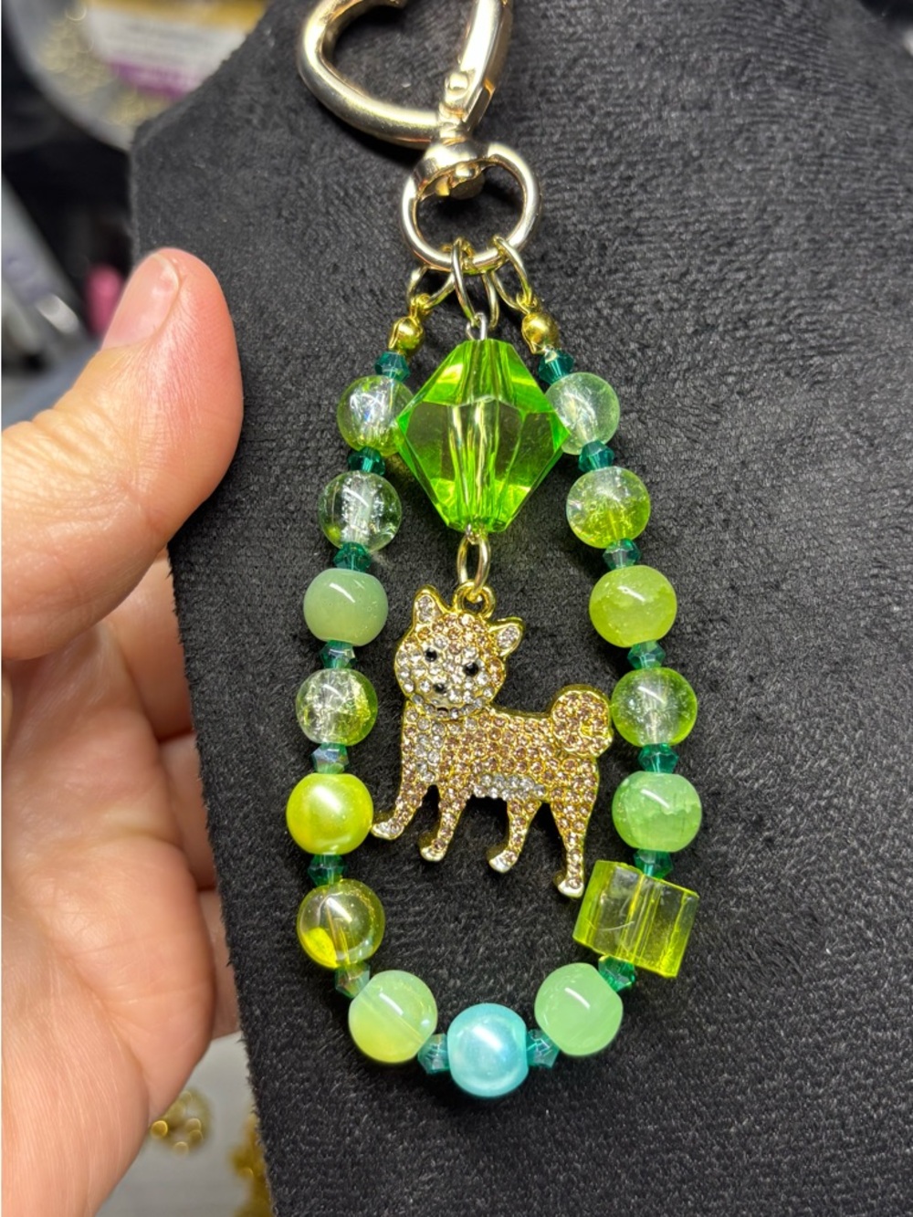 Green Crystal Beaded Keychain with Gold Dog Charm